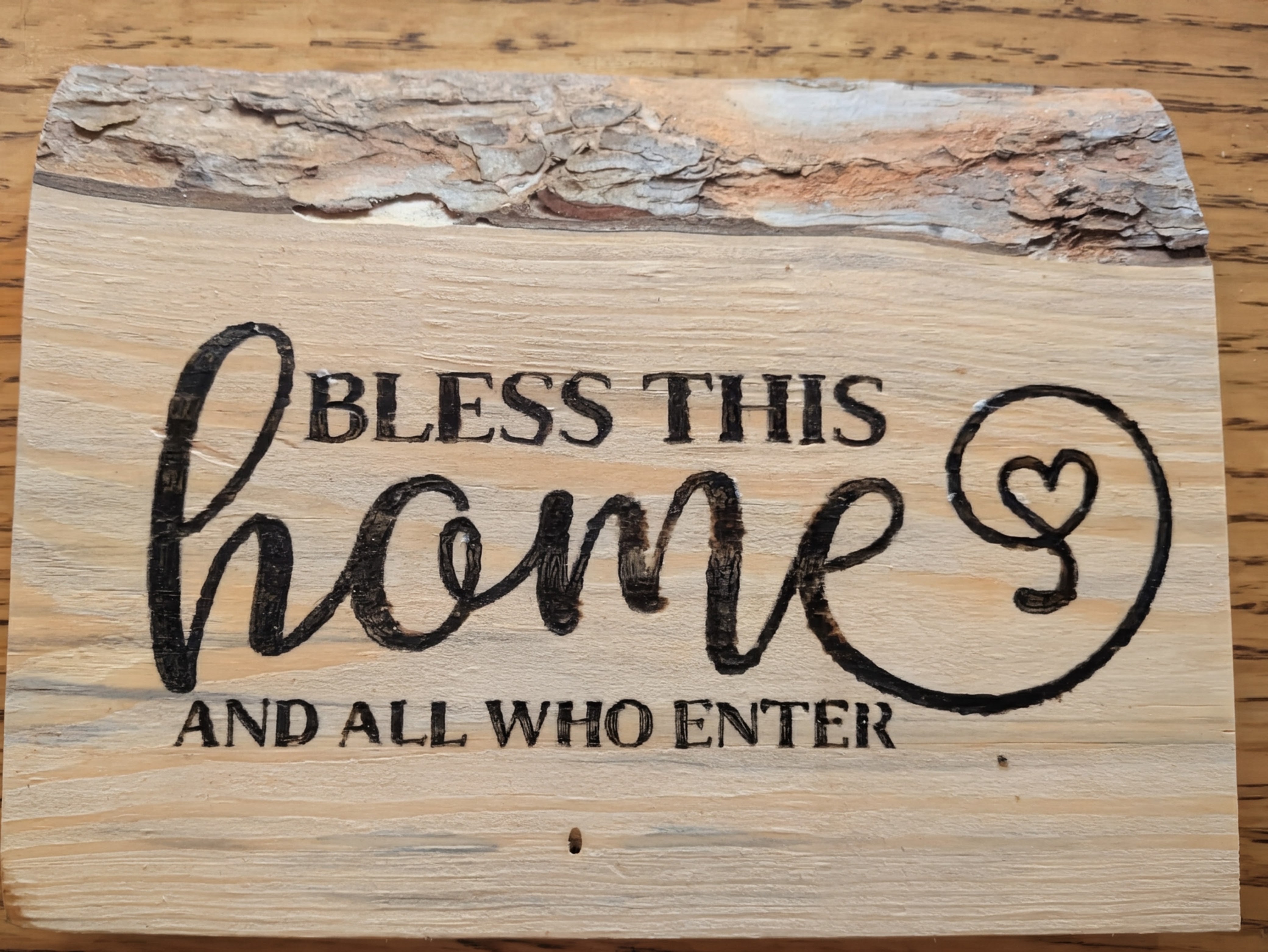 Hand burned Bless This Home wooden plaque