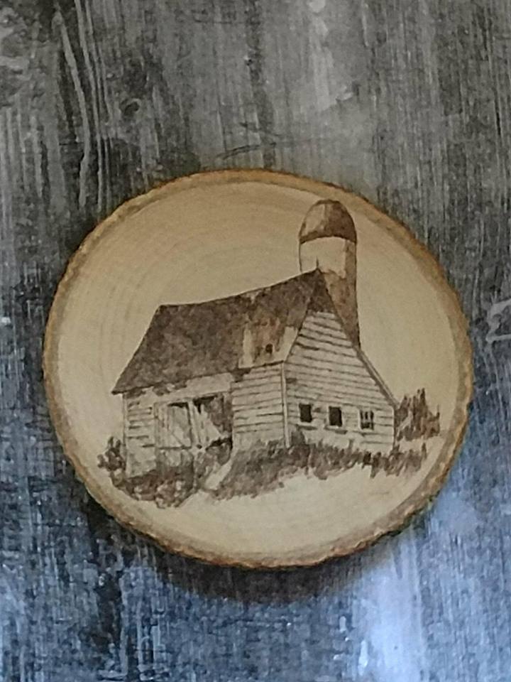 Hand burned wood slice magnet of an old barn
