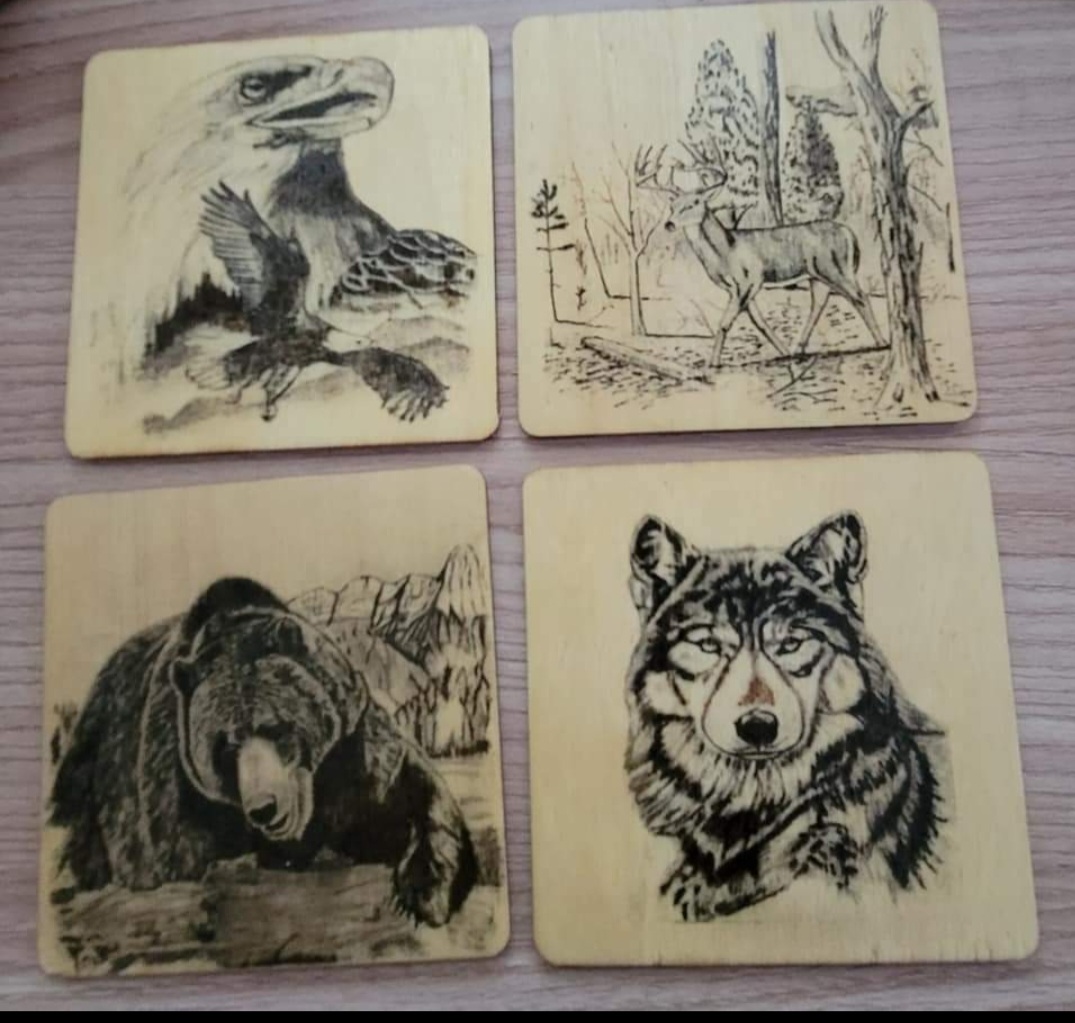 Set of four hand burned wildlife wood coasters