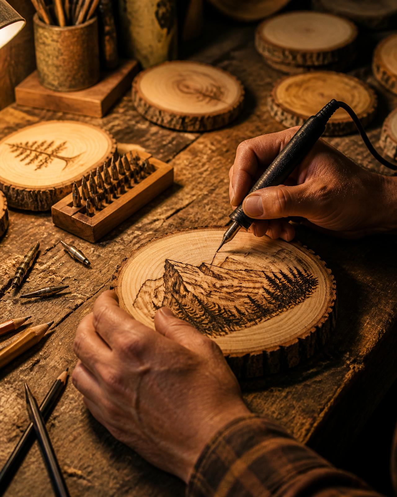 Artisan hands burning a detailed mountain scene into a wood slice