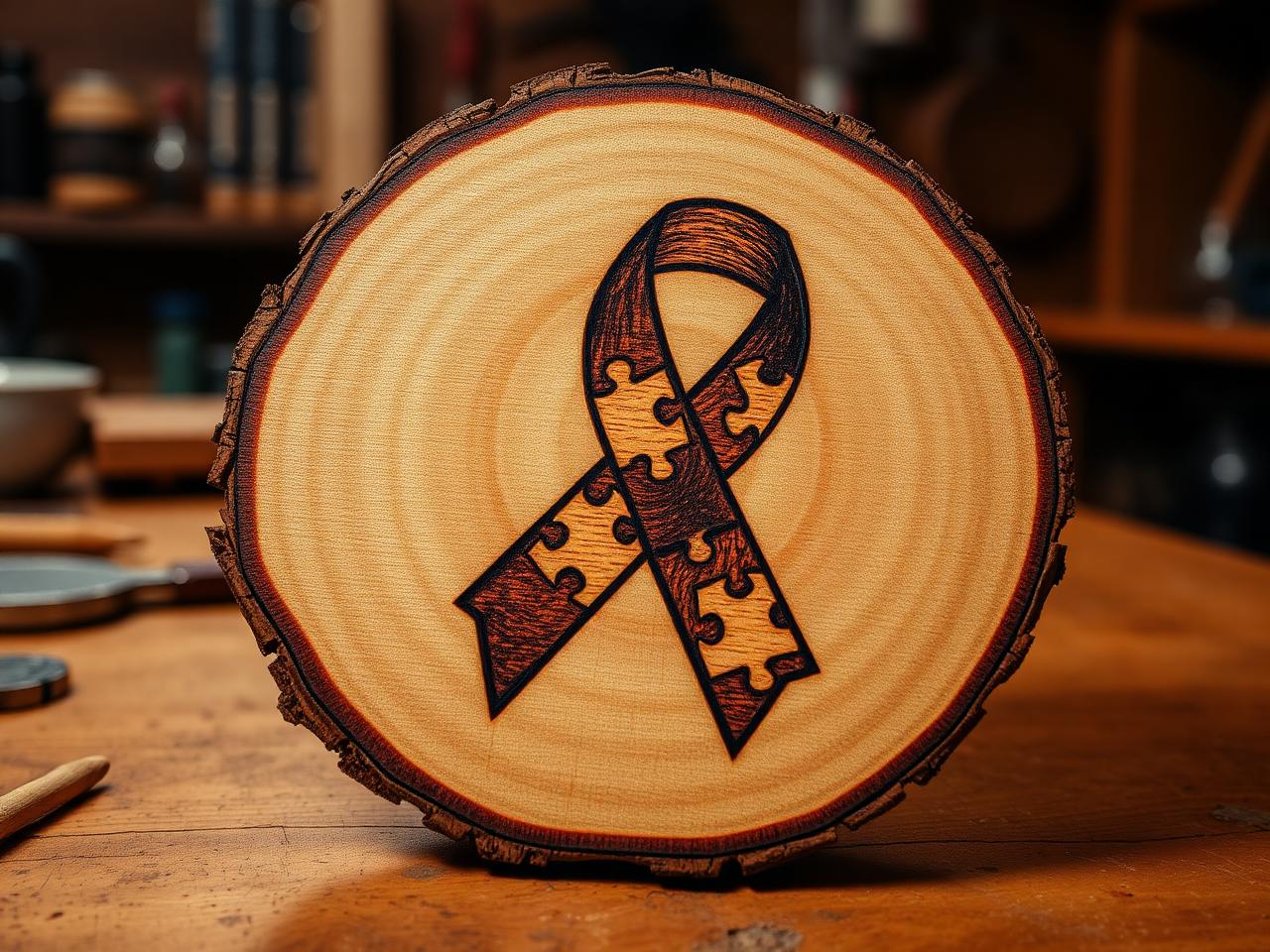 Hand burned wood slice with an autism awareness puzzle ribbon